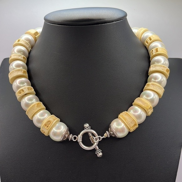 Pearl and Bone Vintage unique choker necklace 925 Sterling Toggle Oversized - Picture 8 of 13